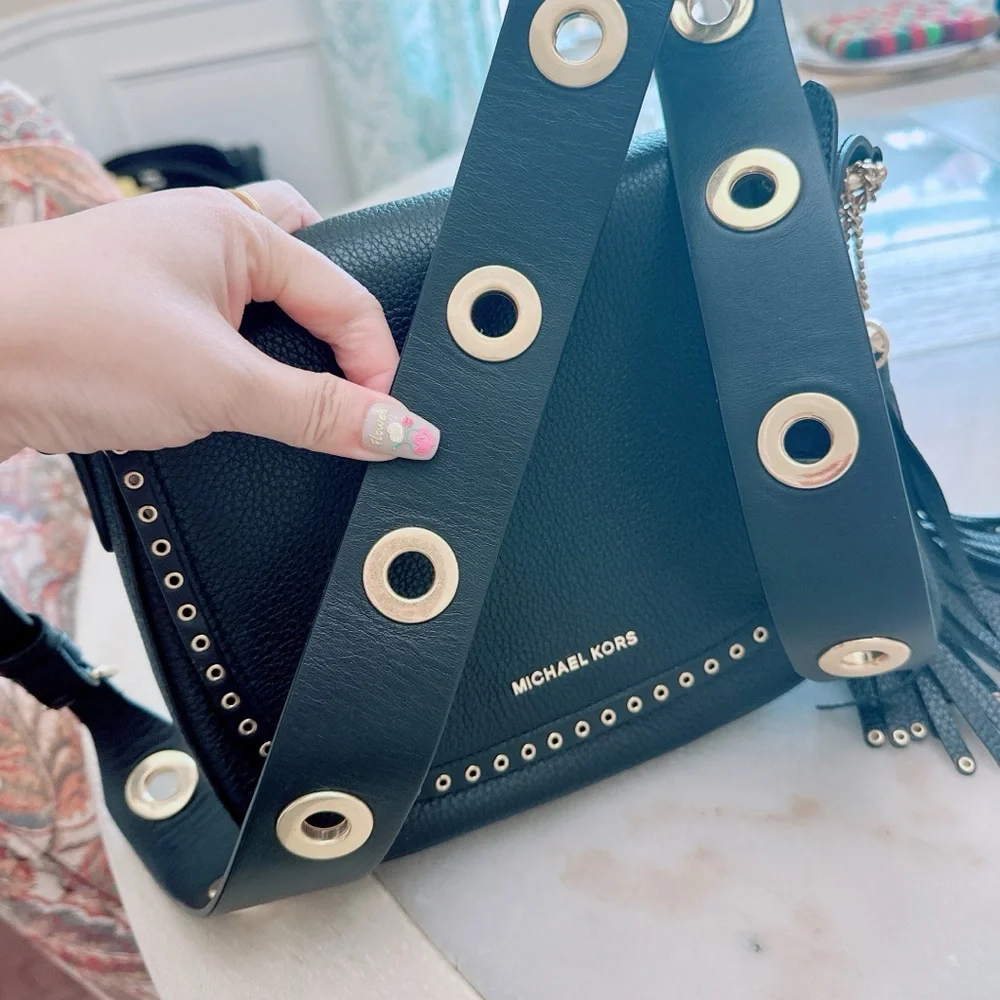 Michael Kors Brooklyn Medium Saddle Bag Leather Black/NWT - Picture 9 of 15